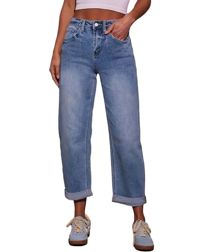 Women's High Waisted Boyfriend Jeans Stretchy Cuffed Hem Straight Leg Denim Pants