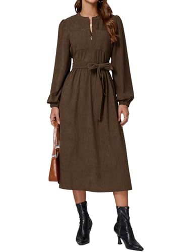 EZAPINE Cordkleid für Damen, lange Puffärmel, Reißverschluss, Vintage, Herbst, Winter, Midi-Kleid mit Gürtel, Kaffee, Mittel