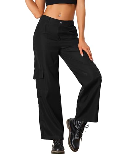 Allegra K Women's Cargo Pants Mid Rise Baggy Wide Leg Pockets Y2K Casual Pants Medium Black