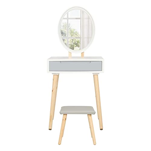 YU YUSING Coiffeuse LED Lumière Dimmable Table de Maquillage avec Miroir et Tabouret, Table de Maquillage avec 2 spacieux Tiroirs coulissants, Blanc,Ovale avec Un tiroir Cover