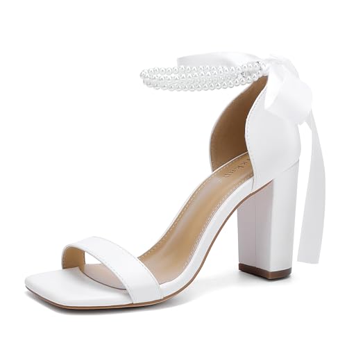 Lace Up Bow Heels for Bride Pearl Embellished Block Wedding Shoes for Bride White Heels with Bows On Back