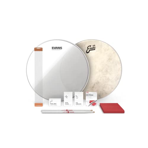 Evans Calftone Snare Drum Tune Up Kit - Includes Calftone Drum Head, Clear Resonant Snare Drumhead, Snare Wire, EQ Pods, Lug Lubricant, Metal Polish, Polishing Cloth - 14 inch heads