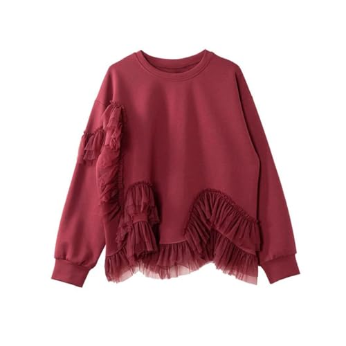 Female Round Neck Loose Lace Patchwork Sweatshirt Long Sleeve All-Match Pullover Tops Ladies Tee Burgundy XXL