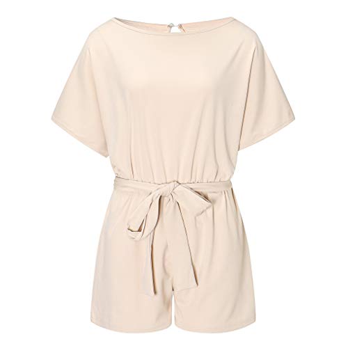 Baskuwish Women'S Casual 3/4 Bell Sleeve Romper O Neck Mesh Panel Loose One Piece Pants Jumpsuits White thumb #2