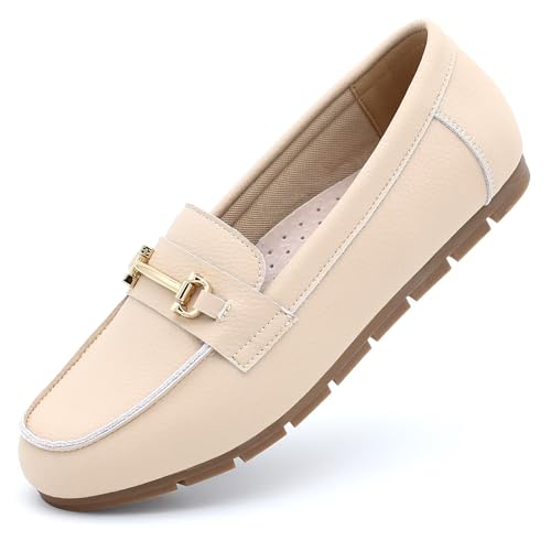Image of Genuine Leather Loafers for Women Driving Moccasins Business Casual Work Shoes Comfortable & Lightweight Womens Dress Flats Slip On Shoes
