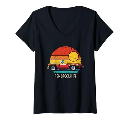 Mujer Pensacola FL - Coche deportivo retro con diseño desgastado Camiseta Cuello V