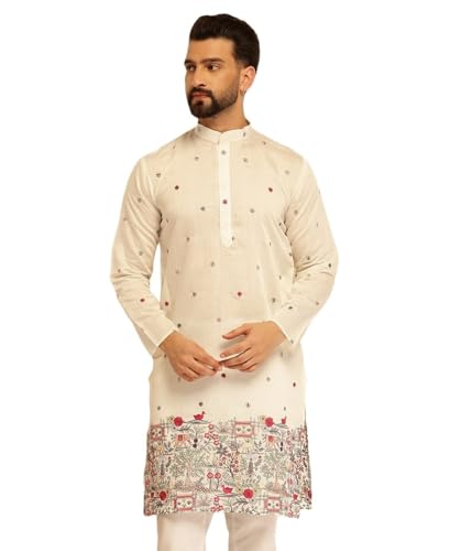 Image of SOJANYA (Since 1958 Men's Festive Cotton Silk Designer Kurta with Daman Embroidered Detailing | Perfect for Navratri, Diwali & Special Occasions