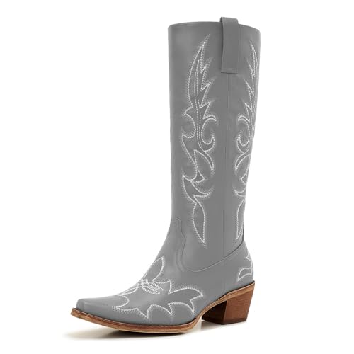 Image of Uillnoodu Women's Turquoise Cowgirl Boots - Wide Calf Mid Calf Western Boots Plus Size Embroidered Cowboy Style with Block Heel