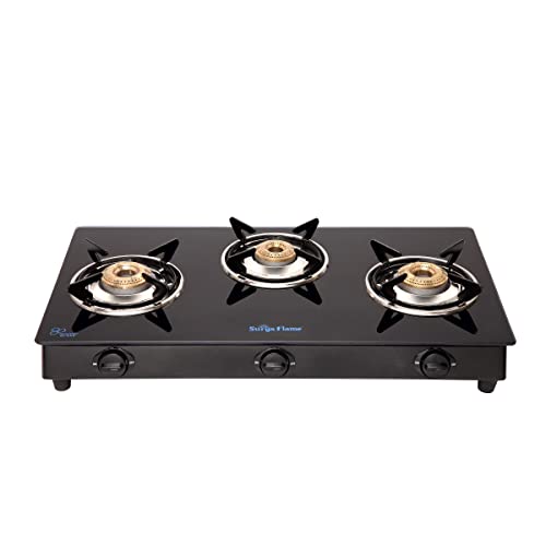Surya Flame King Gas Stove, 3 Burner Glass Top, Powder Coted Black Body