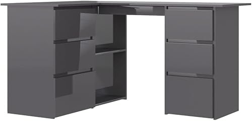 vidaXL Escritorio esquinero de madera de ingeniería, gris, diseño compacto, cajones y estantes integrados, estilo escandinavo, perfecto para oficina