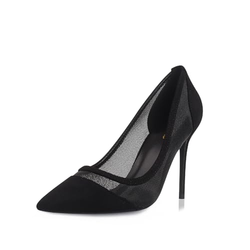 GENSHUO High Heel, 10cm/3.94 Inch Stiletto High Heel Shoes for Women Pointed Toe Party Evening Dress Pumps Prom Black Mesh