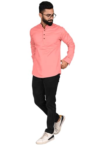 Image of ROYALSCOUT Men Cotton Blend Short Kurta with Mandarin Collar and Button Placket | Full Sleeve Regular Fit Ethnic Wear for Casual and Festive Use