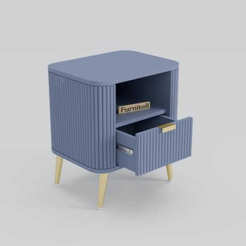 Image of Premium HDMR Wood Bedside Table with 1 Drawer & Open Storage Shelf, Fluted Nightstand with Golden Legs for Bedroom, Modern End Table, for Living Room | Grey Finish, Set of 2