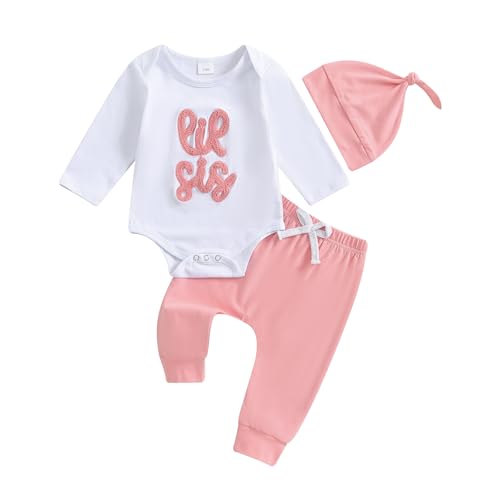 Image of mlpeerw Little Brother Sister Matching Outfit Newborn Baby Boy Girl Lil Sis/Bro Romper Pant And Hat Baby Coming Home Outfits