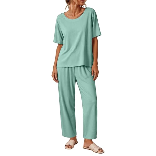 Pj Sets for Woman Short Sleeve Pajama Sets Soft 2 Piece Pjs Mint Green 2XL — view 3