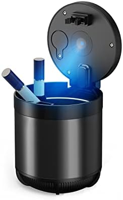 Ashtray with Lid, Car Ash Tray with Push Button Switch Lid LED Light, Detachable Stainless Steel Smellproof Smokeless Ashtray Portable Mini Trash Can for Vehicle Outdoor Home Use (Matte black - Short)