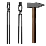 PHAHOUNE 3PCS Blacksmith Forging Tools Set with Wolf Jaw and V-Bit Tongs, Forged Hammer and A3 Steel...