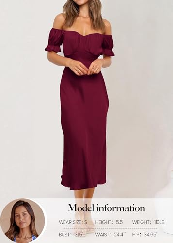 Image of KIRUNDO Women's Satin Summer Wedding Guest Cocktail Dress | 2026 Spring Fall Party Midi Dress, Silky, Elegant Off Shoulder Short Sleeve, Ruffle Mermaid Hem, Wrap Prom Formal Outfits