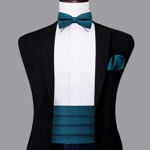 Image of Dubulle Mens Cummerbund and Bow Tie Set Paisley Floral Pretied Bowties for Men Pocket Square Cufflinks Wedding Business