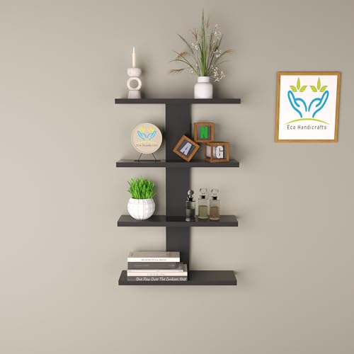 Image of Wooden Wall Mounted Floating Rack Shelves Book Stand Display Hanging Shelf Living Room Bedroom Storage Home Office for Decoration Showcase (Black)