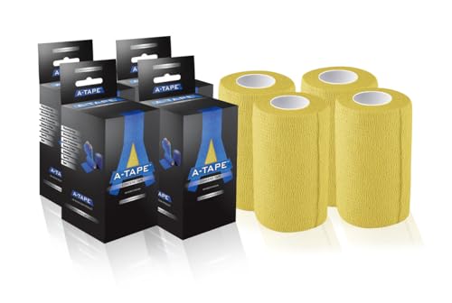 Image of A-Tape Breathable Self Adhesive Cohesive Bandage for Humans & Pets (Dogs, Cats, Birds) -Sports, Wrap, Athletic, Non Woven First Aid Medical, Wrist, Swelling (10 cm X 4.5 mtr) (Pack Of 4, Yellow)