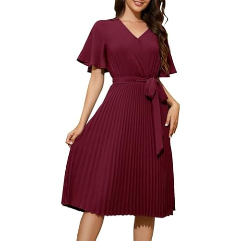 MUADRESS Women Short Sleeve V Neck Dress 2023 Summer Casual Dress Pleated Midi Dress Burgundy L Cover