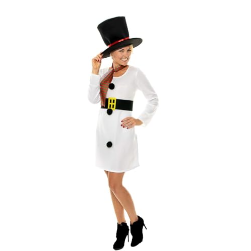 SoWest Women’s Snowman Costume – White Christmas Dress with Belt, Scarf & Hat | Adults Funny Christmas Fancy Dress Outfit for Xmas Parties & Winter Events - M