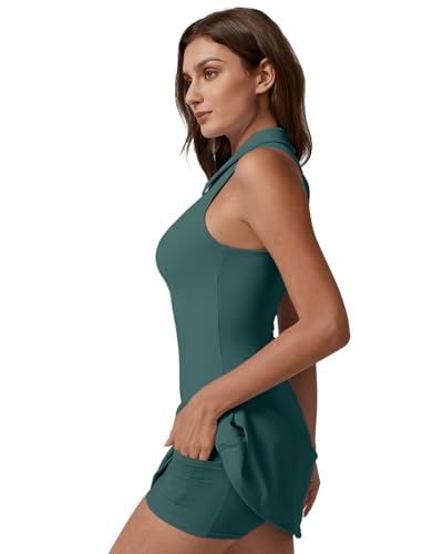 Image of QINSEN Womens Zip Front Tennis Dress Polo Collar Racer Back Workout Golf Dresses Build in Shorts with Pockets