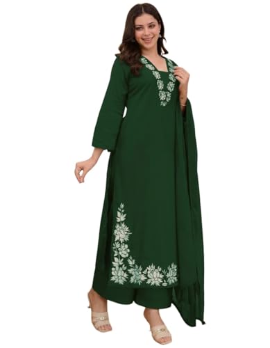 Image of ANNI Designer Pure Cotton Embroidered Kurta Set for Women | Rust Orange Kurta with Pants & Dupatta | Floral Neck & Hem Embroidery | Cotton Kurta Set for Women | 10 Colour Options Available
