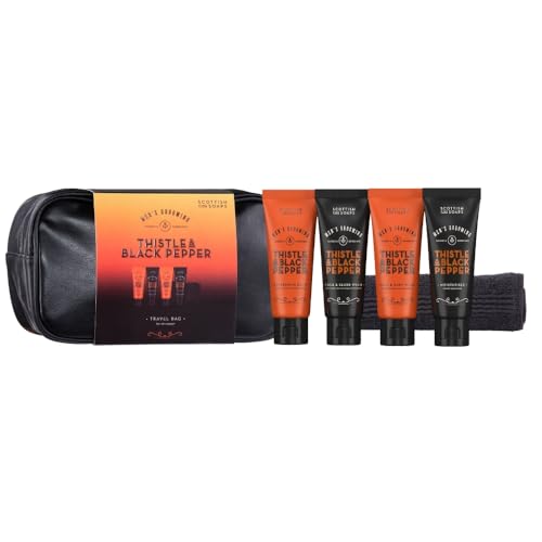 Scottish Fine Soaps Men's Grooming Thistle & Black Pepper Travel Bag – Travel Gift Set with Hair & Body Wash, Moisturiser, Beard Wash and Balm plus washbag and washcloth