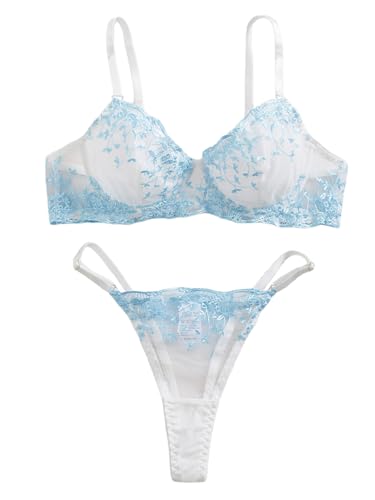 Image of Sexy Floral Embroidered Flower Mesh Underwire Push Up Lingerie Set