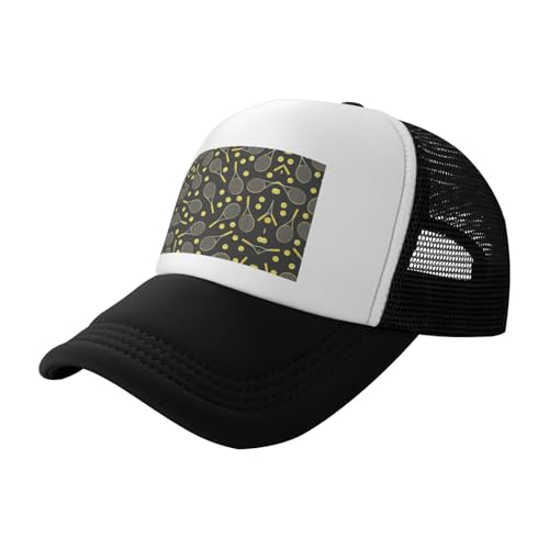 HKHLHLH Divertidas raquetas de tenis y pelotas de tenis estampadas, gorras traseras de malla ligera, casco ajustable para correr o viajar, Negro, Talla única