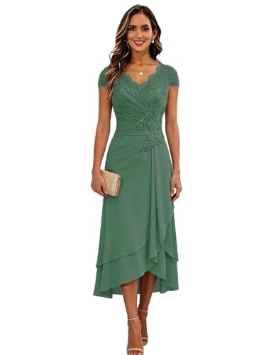 Applique Mother of The Bride Dress for Beach Wedding Short Sleeve V Neck Eucalyptus Tea Length Evening Dresses for Women 2026 US 16