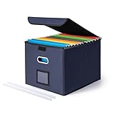 CADONO File Organizer Box with Lid, Large Hanging File Folder Organizer with Plastic Slide, Collapsible Portable Filing Storage Boxes for Office/Decor/Home (Navy Blue, 14.9 x 12.59 x 10.8 inch)