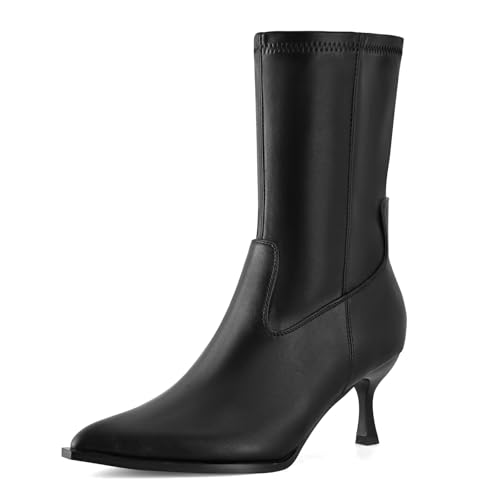 Kitten Heel Ankle Boots for Women Pointed Toe Stacked Stiletto Booties with Side Zipper Mid Calf Short Fashion Dress Boots