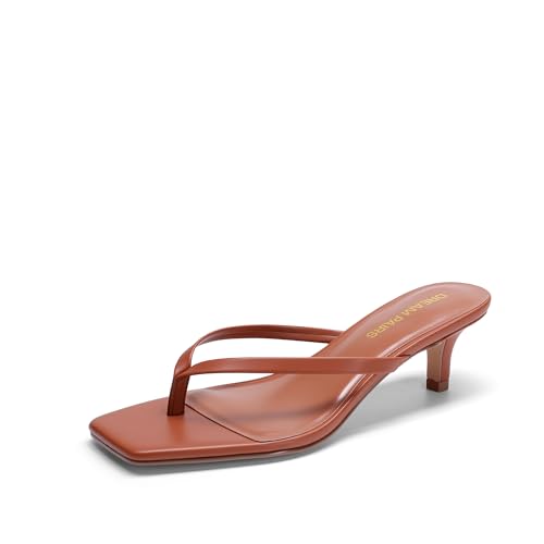 DREAM PAIRS Kitten Heels for Women Flip Flop Low Heels Square Open Toe Sandals Thong 1.96 Inch Heeled Sandals for Summer Vocation,Size 7.5,Brown,SDHS25001W