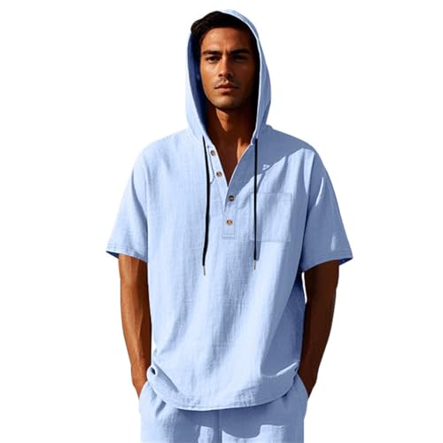 Mens Linen Hooded Shirts Summer Loose Fit Breathable Lightweight Casual Tshirt Outdoor Beach Button Short Sleeve Tops