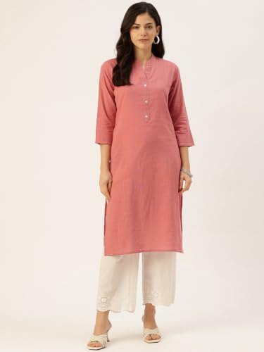 Image of feranoid Women's Plain Cotton Kurta with Mandarin Collar, 3 /4 Sleeves & Pocket