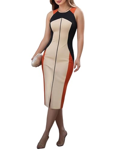 CHICME Women’s Summer Bodycon Midi Dress Sleeveless Color Block Front