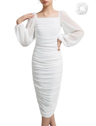 EXARUS Girls Ruched Bodycon Dress Teens Graduation Prom Wedding Party Chiffon Lantern Sleeve Midi Long Dresses