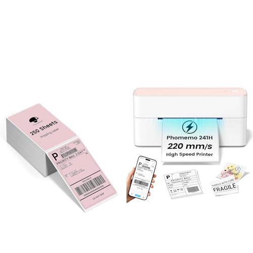 Image of Phomemo 241BT High-Speed Shipping Label Printer 220mm /s & 4X6 Shipping Address Label (Pack of 250 4x6 Fanfold Labels), 4X6 Wireless Thermal Label Printer for Small Business