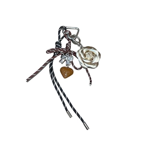 Camellia Flowers Heart Pendant Keychain with Braided Rope Tassels Bag Pendant Keyring Functional Accessory for Gifts Fashionable