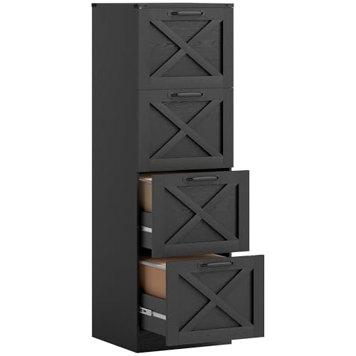 HOMCOM 4 Drawer File Cabinet with Silent Slides, Vertical Farmhouse Filing Cabinet with Adjustable Hanging Rails, Fits Letter/A4 Size, Printer Stand for Home Office, Black