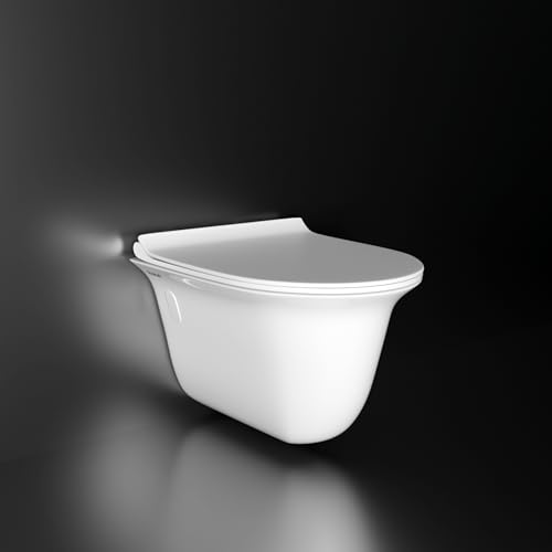 Image of Ruhe Blanco Wall-Hung Rimless Western Commode with Soft Close Seat Cover, Washdown Flushing System, P-Trap, White Glaze Ceramic, 22 x 14 x 14 Inches