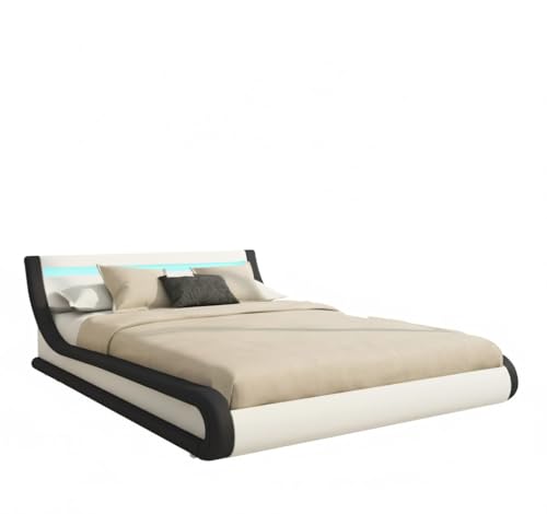 MB Muebles Bonitos | Cama de Matrimonio Parisina para Colchón de 140x190 cm | Luz LED | Canapé Abatible | Somier de Láminas | Estructura de Madera tapizada en Polipiel | Color Blanco y Negro