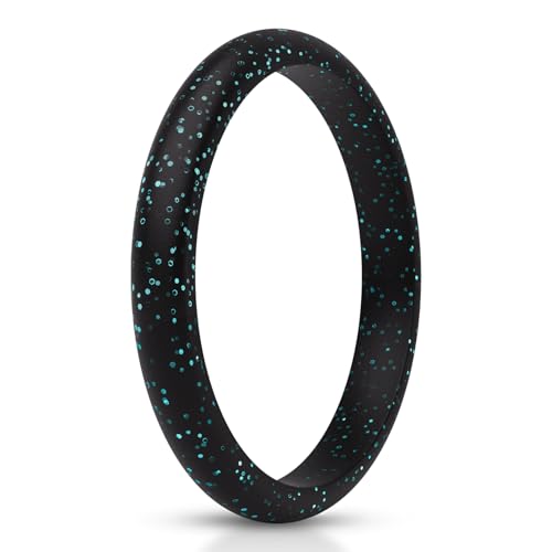 ThunderFit Silicone Wedding Band for Women,Thin Stackable 1 Ring - 2.5mm Width - 2mm Thick (Black with Teal Glitter, 7.5-8(18.2mm))