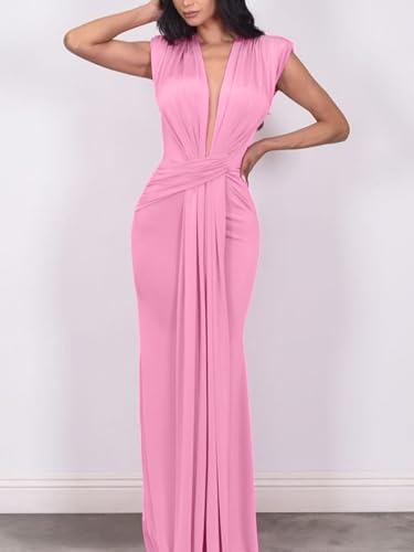 Image of Ekaliy Elegant Bodycon Dresses for Women Deep V Neck Maxi Dress Mermaid Long Dress