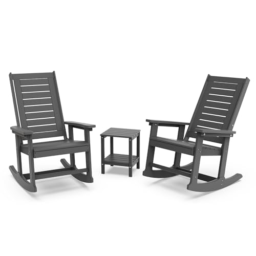 GREENVINES Outdoor Rocking Chair Set | 3-Piece | 2 Rocking Chairs with 1 Side Table | Porch Rocker | HDPE Plastic | Grey | Patio Furniture Sets | High