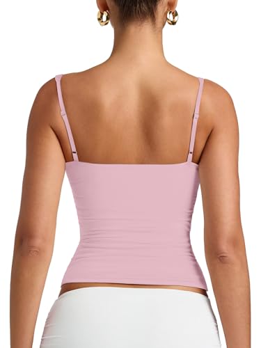 PINKMSTYLE Sexy V Neck Tank Tops for Women Slim Fit Double Lined Tank Tops Adjustable Spaghetti Strap Crop Camisole Tops Light Pink Small — view 5
