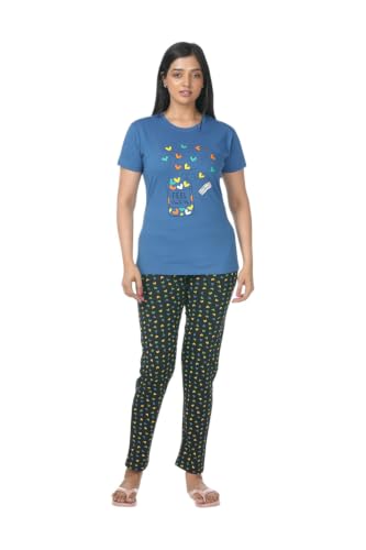 Image of Fly Birds Women Pure Cotton Tshirt and Pyjama AOP Set